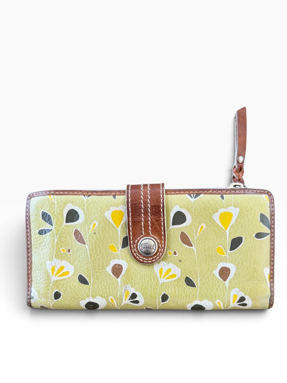 Vintage Fossil Leather Clutch Wallet Light Green With Accent Petals